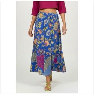 Vintage 90’s Royal Blue Floral + Paisley Patchwork Boho Midi Skirt